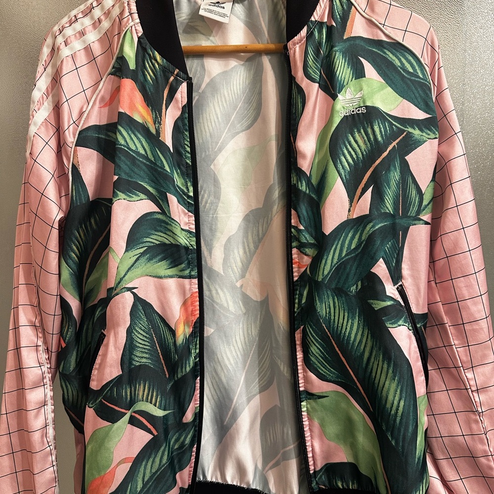 Adidas Women's Pink and Green Leaf Print Jacket